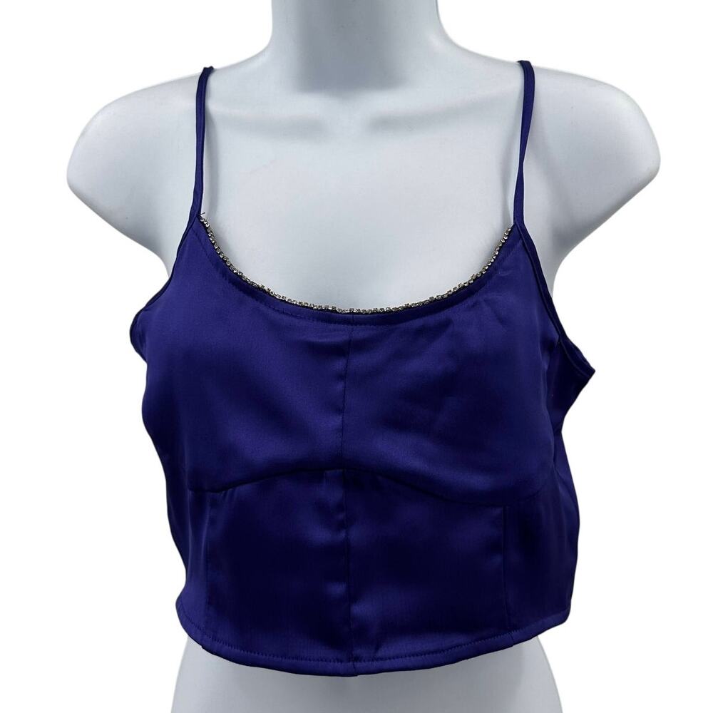 House of Harlow 1960 Satin Crop Top WMNS M Purple Faux Diamond Neckline Smocked